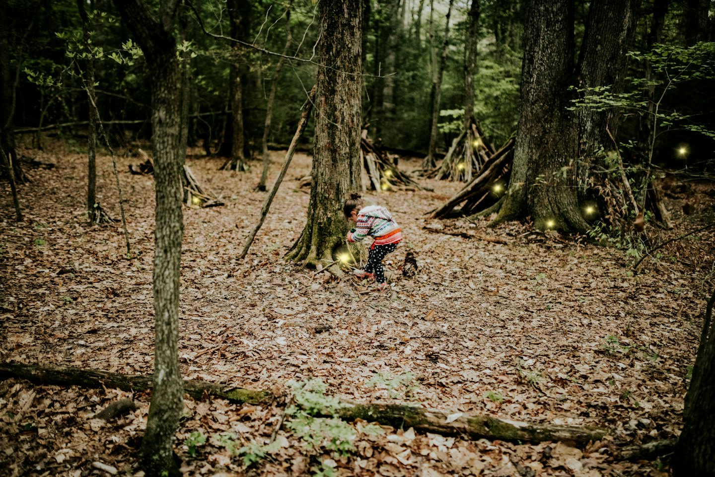 Child exploring a magical forest with glowing lights.